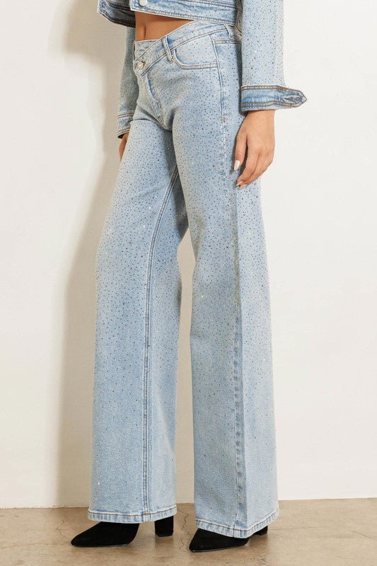 High waist rhinestone jeans