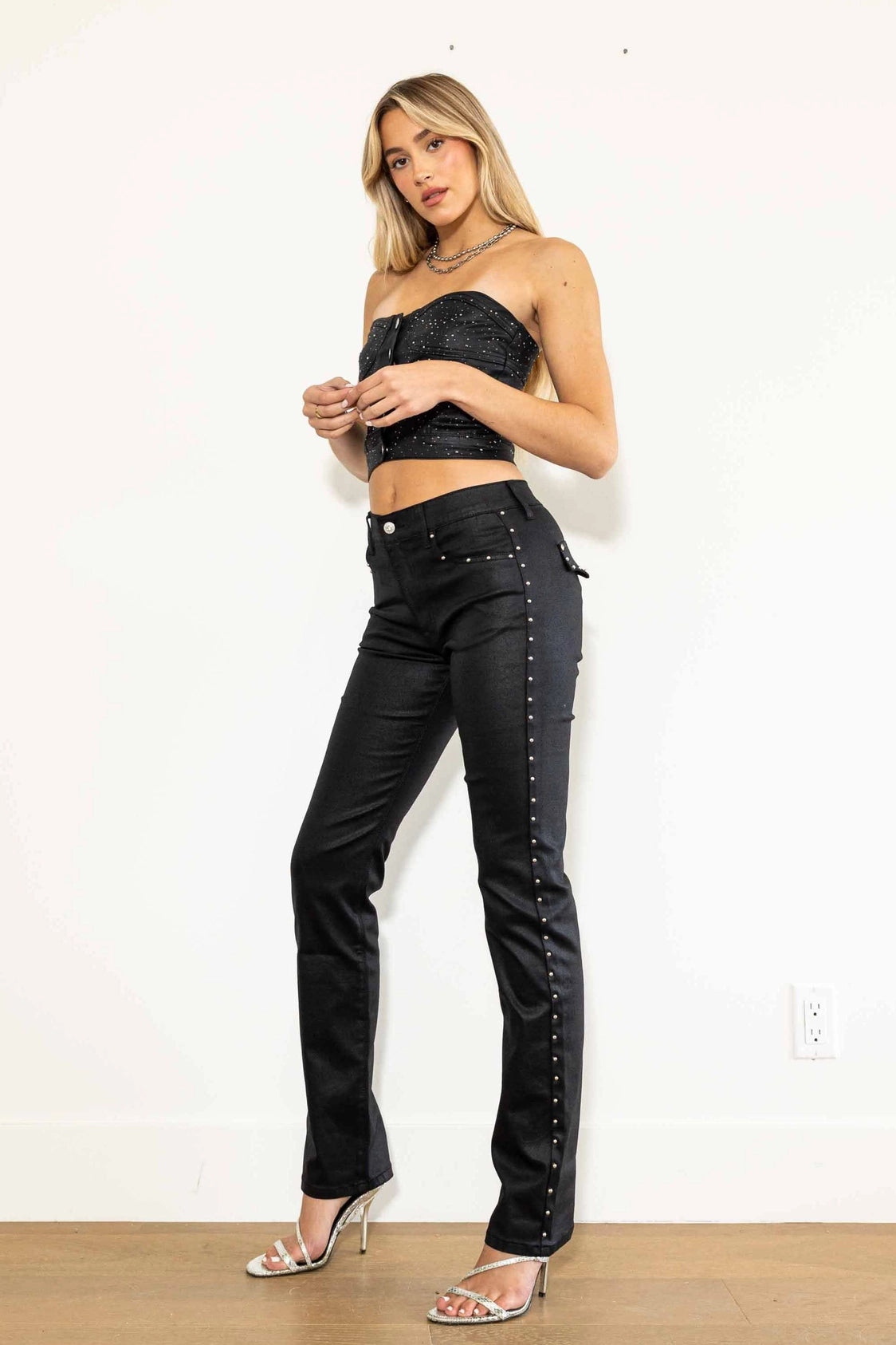 Nail Head Coated Straight Jeans