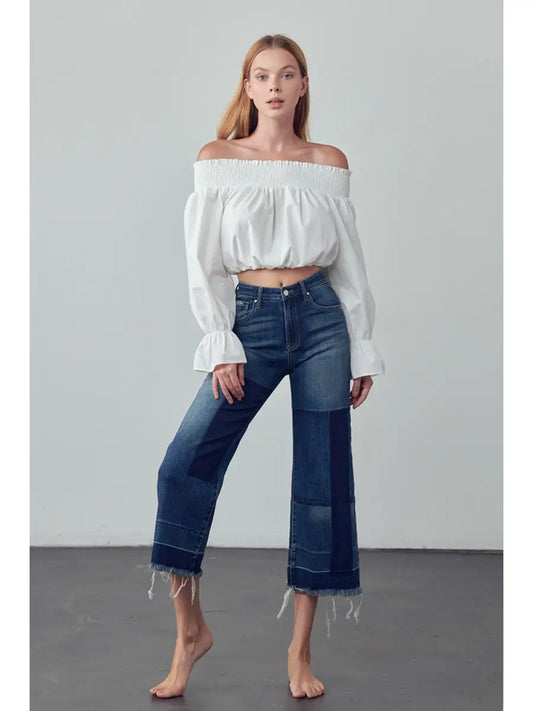 Mid Rise Raw Hem Crop Flare