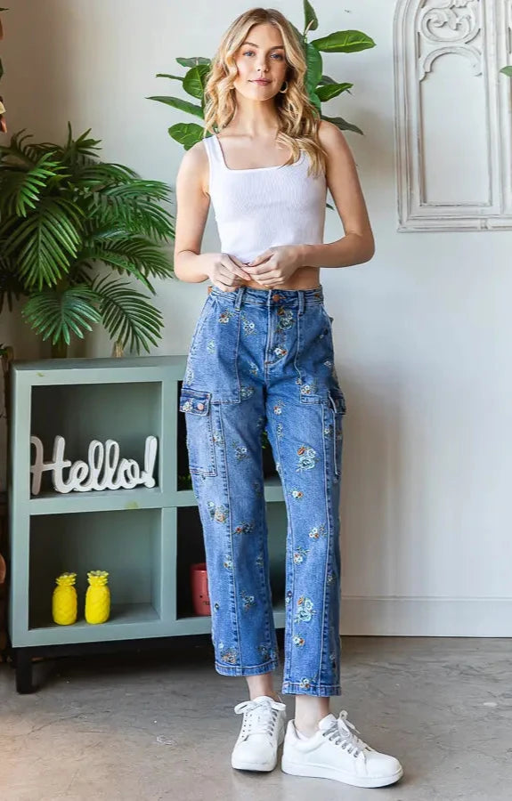 Flower Embroidered Denim Pants