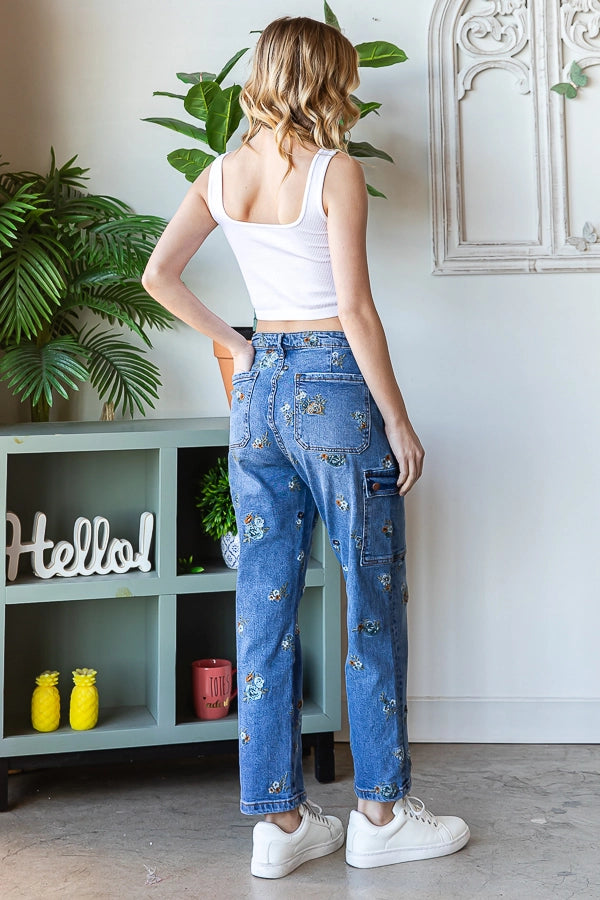 Flower Embroidered Denim Pants