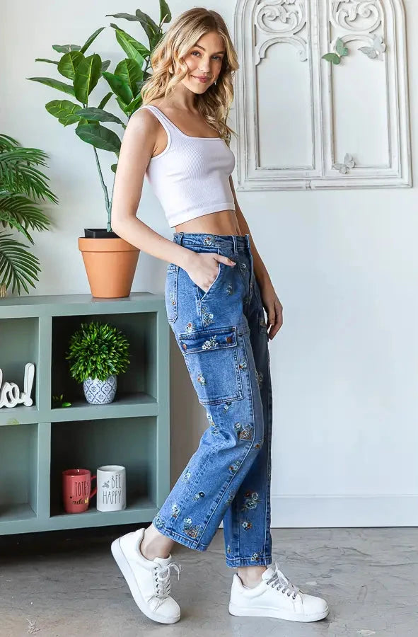 Flower Embroidered Denim Pants